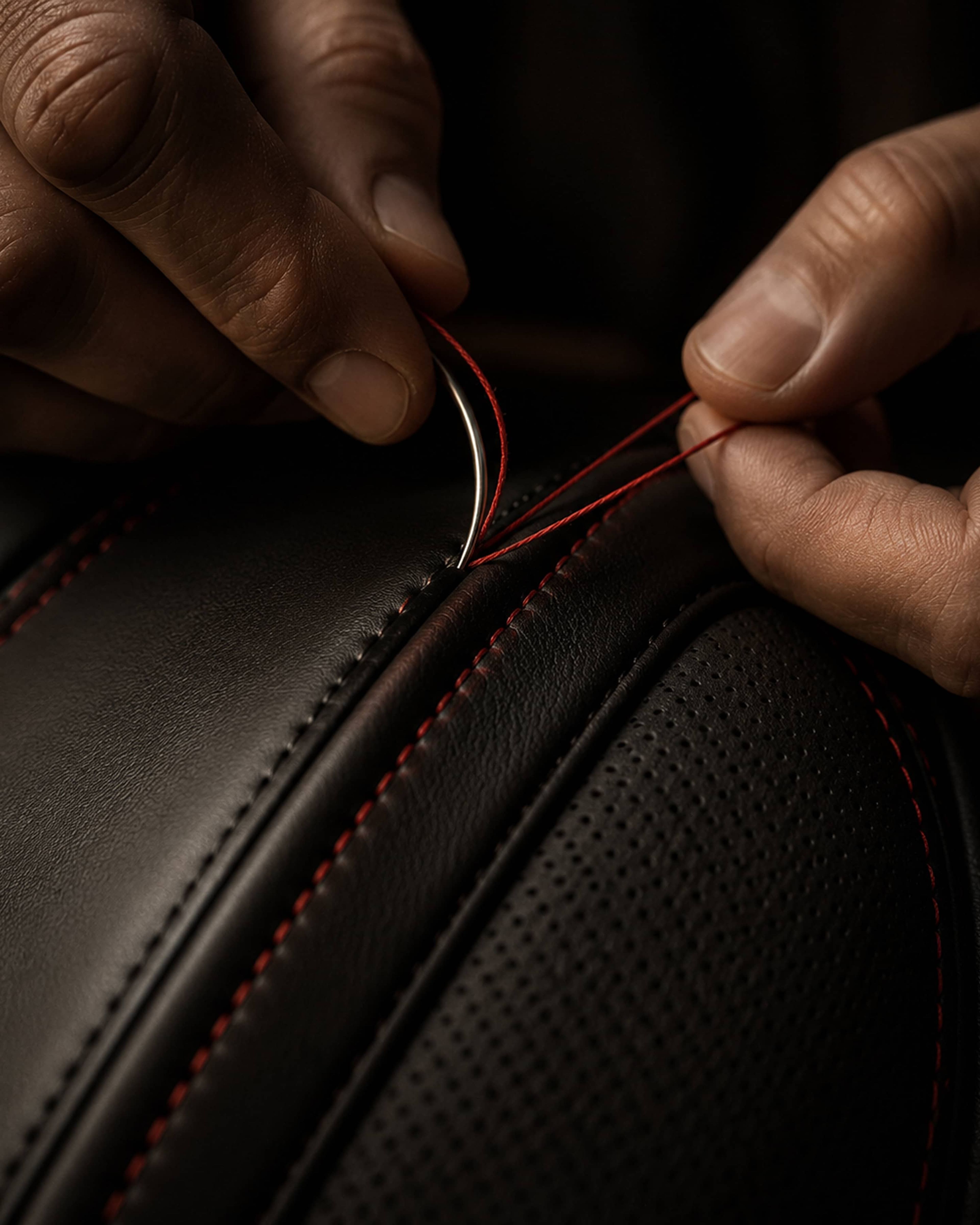 Hands meticulously stitching red